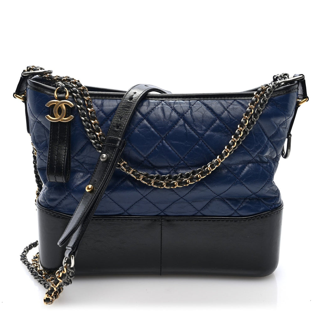 Aged Calfskin Quilted Medium Gabrielle Hobo Navy Black