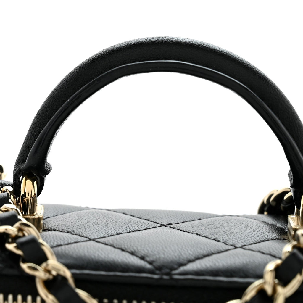 Lambskin Quilted Top Handle Mini Vanity Case With Chain Black