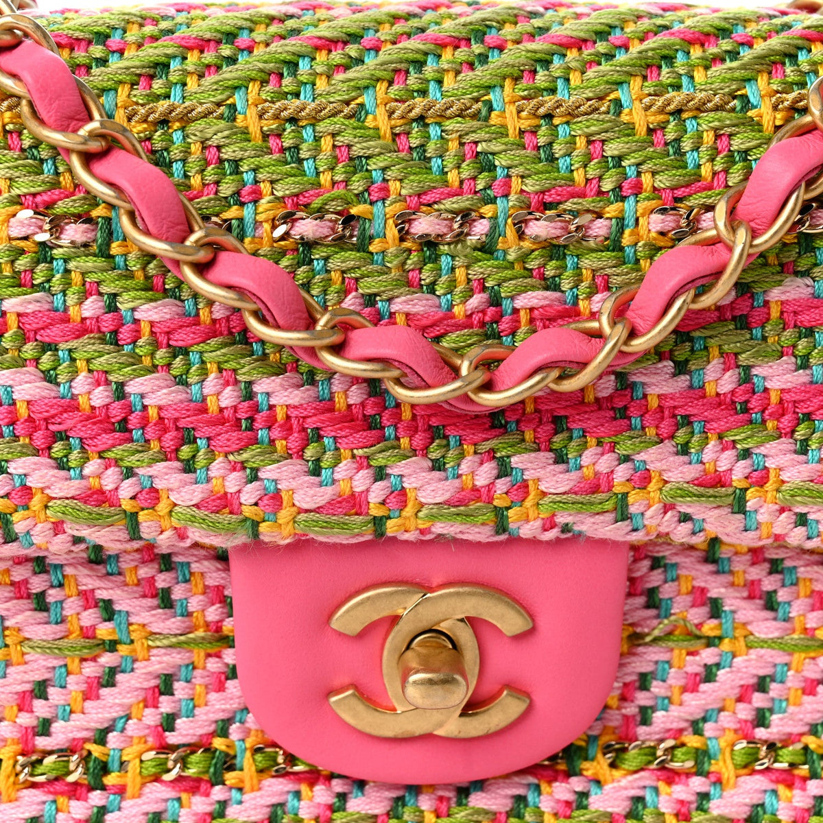 Cotton Mixed Fibers Woven Mini Rectangular Flap Pink Green