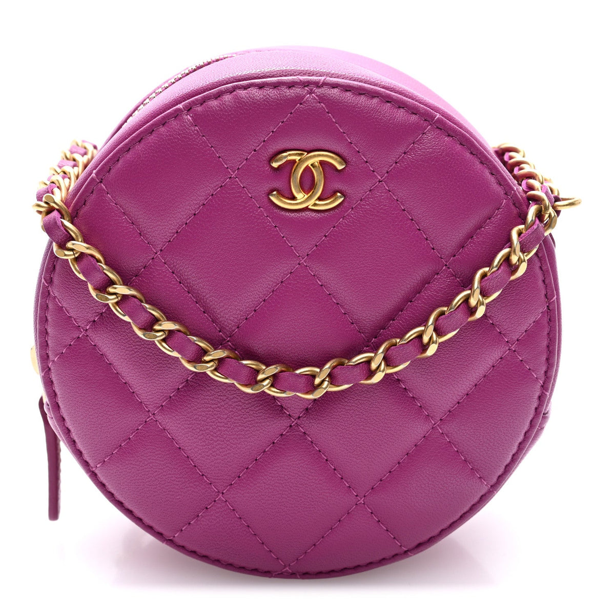 Lambskin Quilted Round Pearl Crush Clutch With Chain Purple