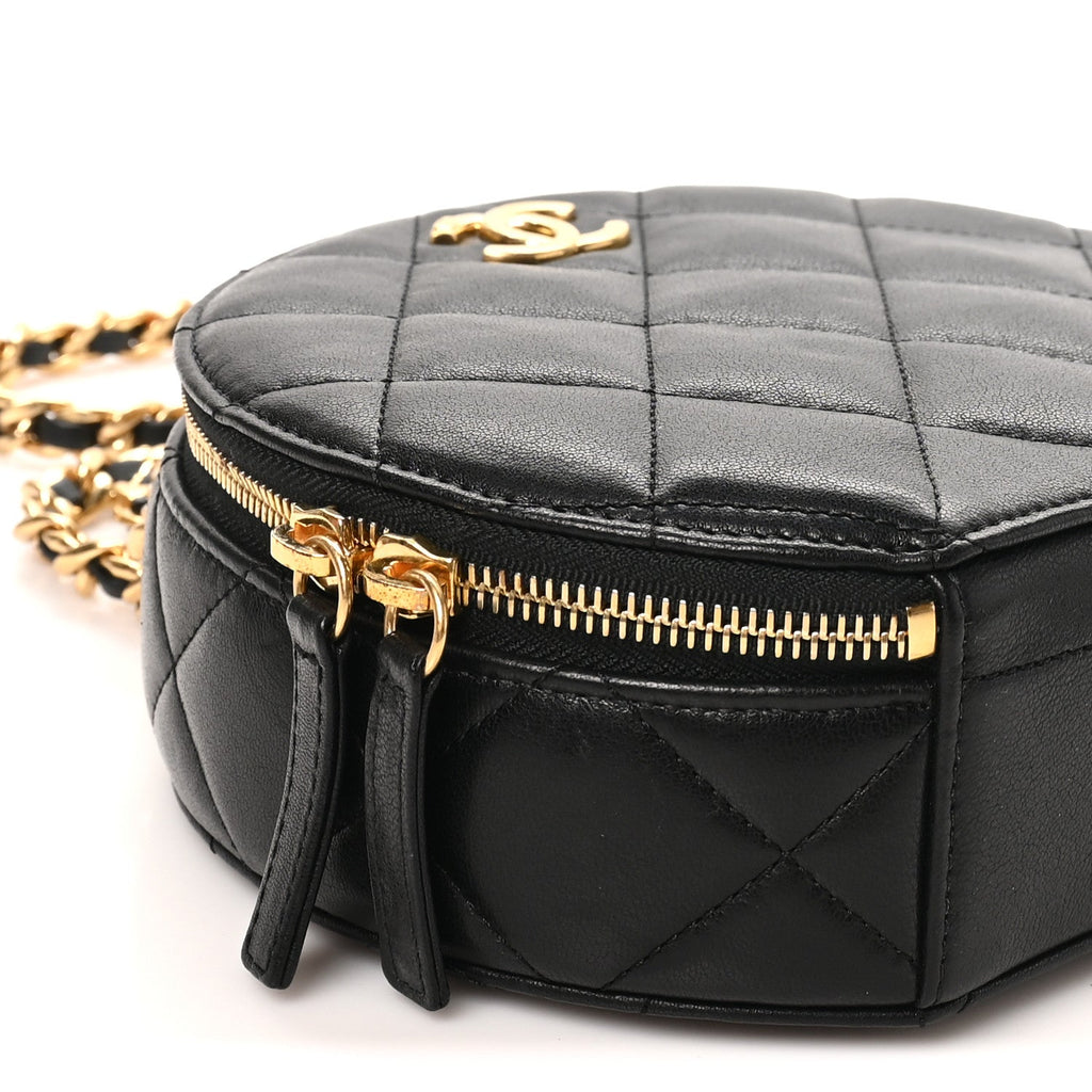 Lambskin Quilted Chain Logo Top Handle Small Round Black