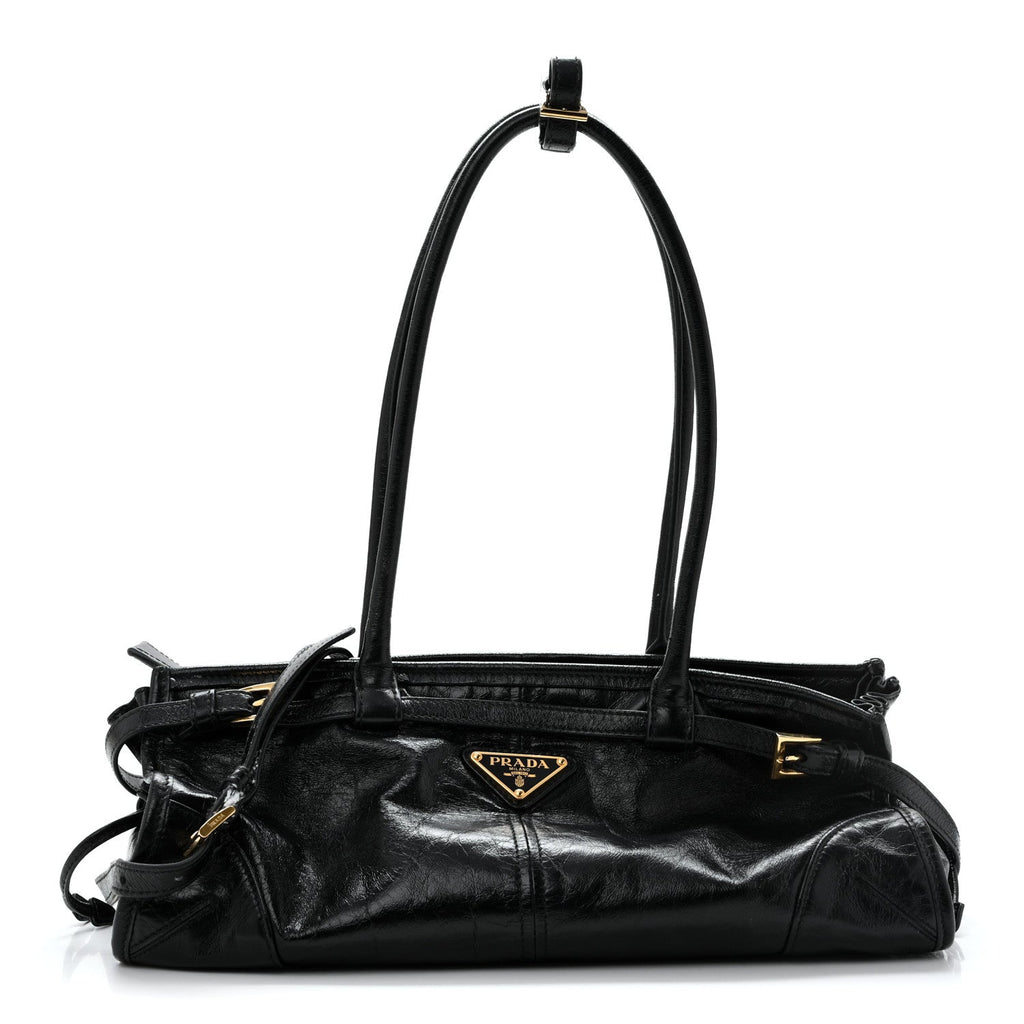 Glossy Calfskin Triangle Medium Bonnie Shoulder Bag Black