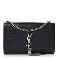 Calfskin Crocodile Embossed Medium Classic Monogram Kate Tassel Satchel Deep Marine