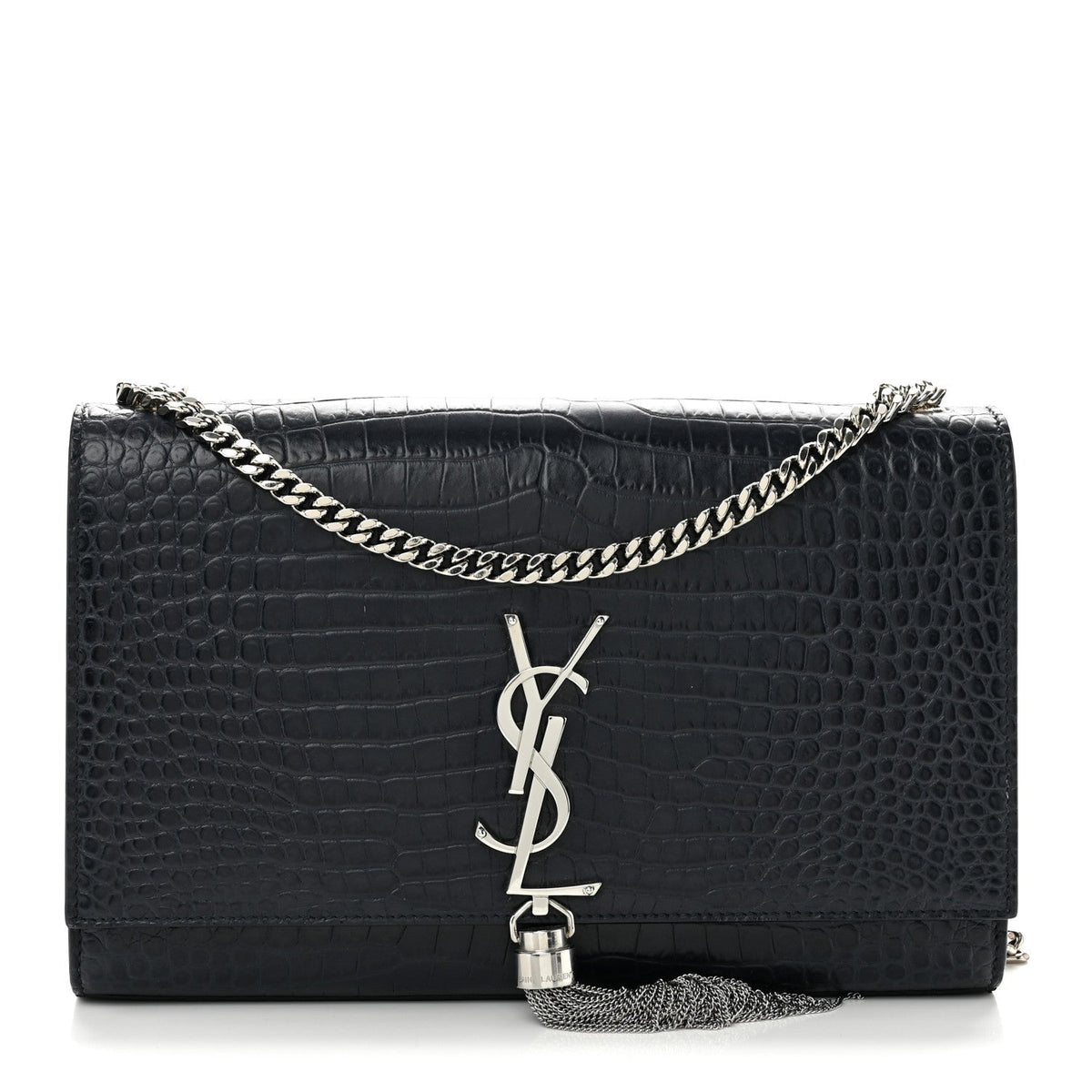 Calfskin Crocodile Embossed Medium Classic Monogram Kate Tassel Satchel Deep Marine