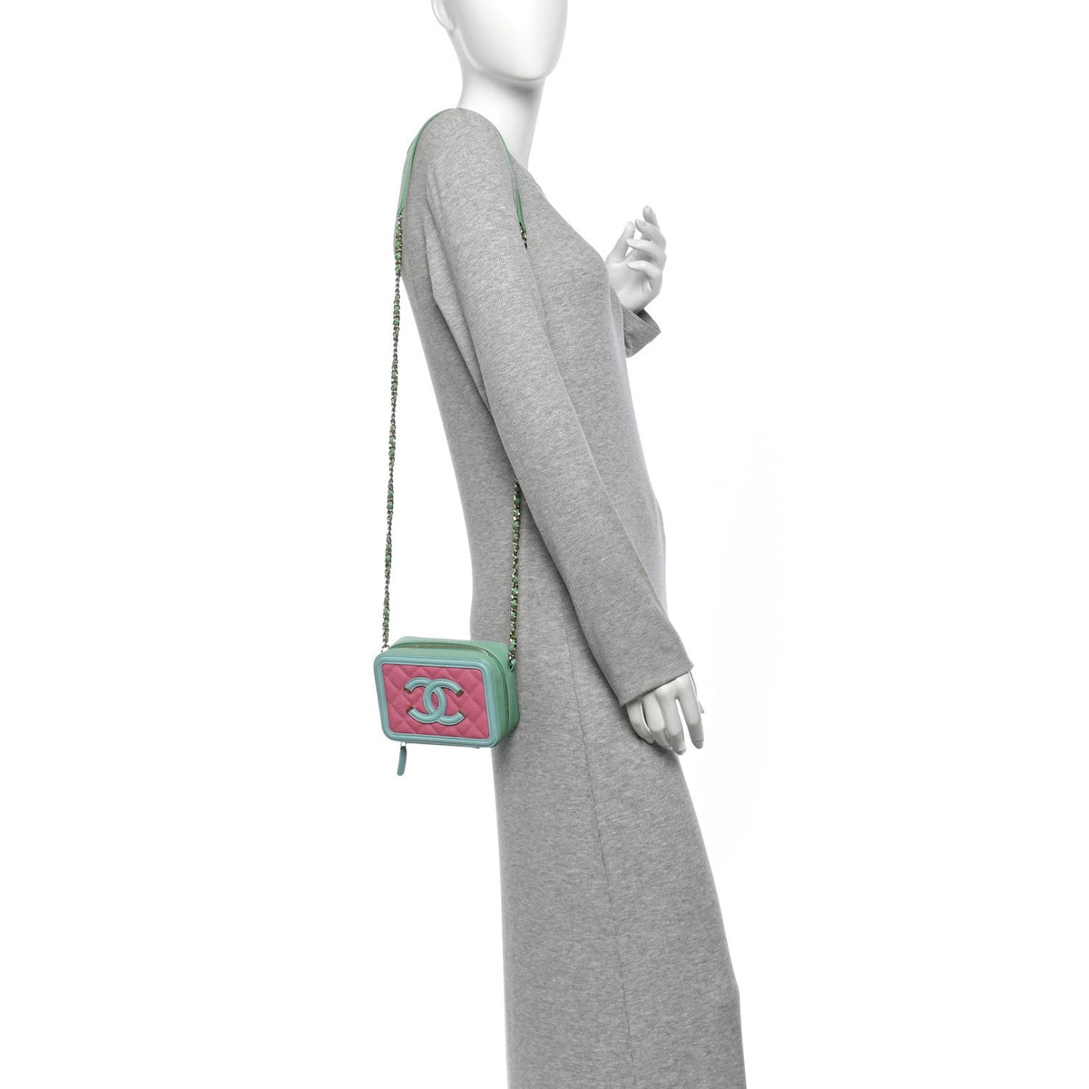 Caviar Quilted Filigree Vanity Clutch With Chain Pink Light Blue Green
