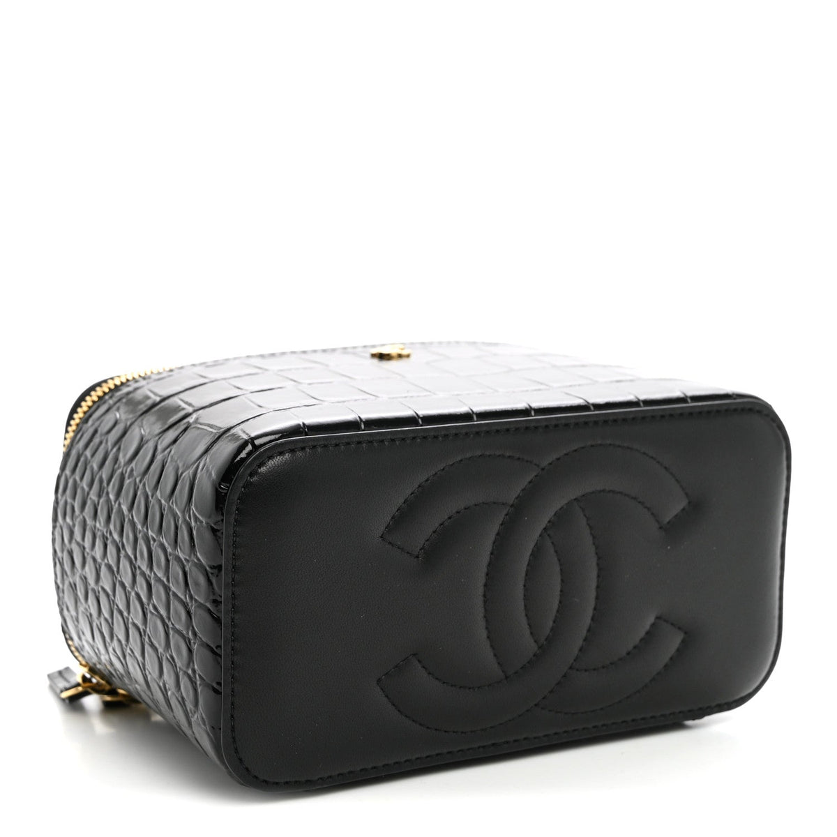 Calfskin Crocodile Embossed Crococo Small Top Handle Vanity Case With Chain Black