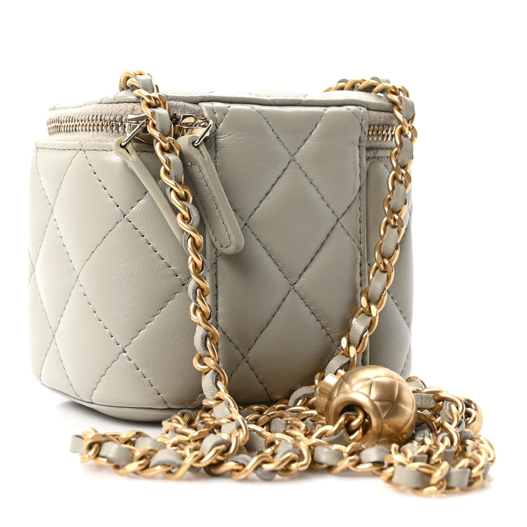Lambskin Quilted Pearl Crush Mini Vanity Case With Chain Grey