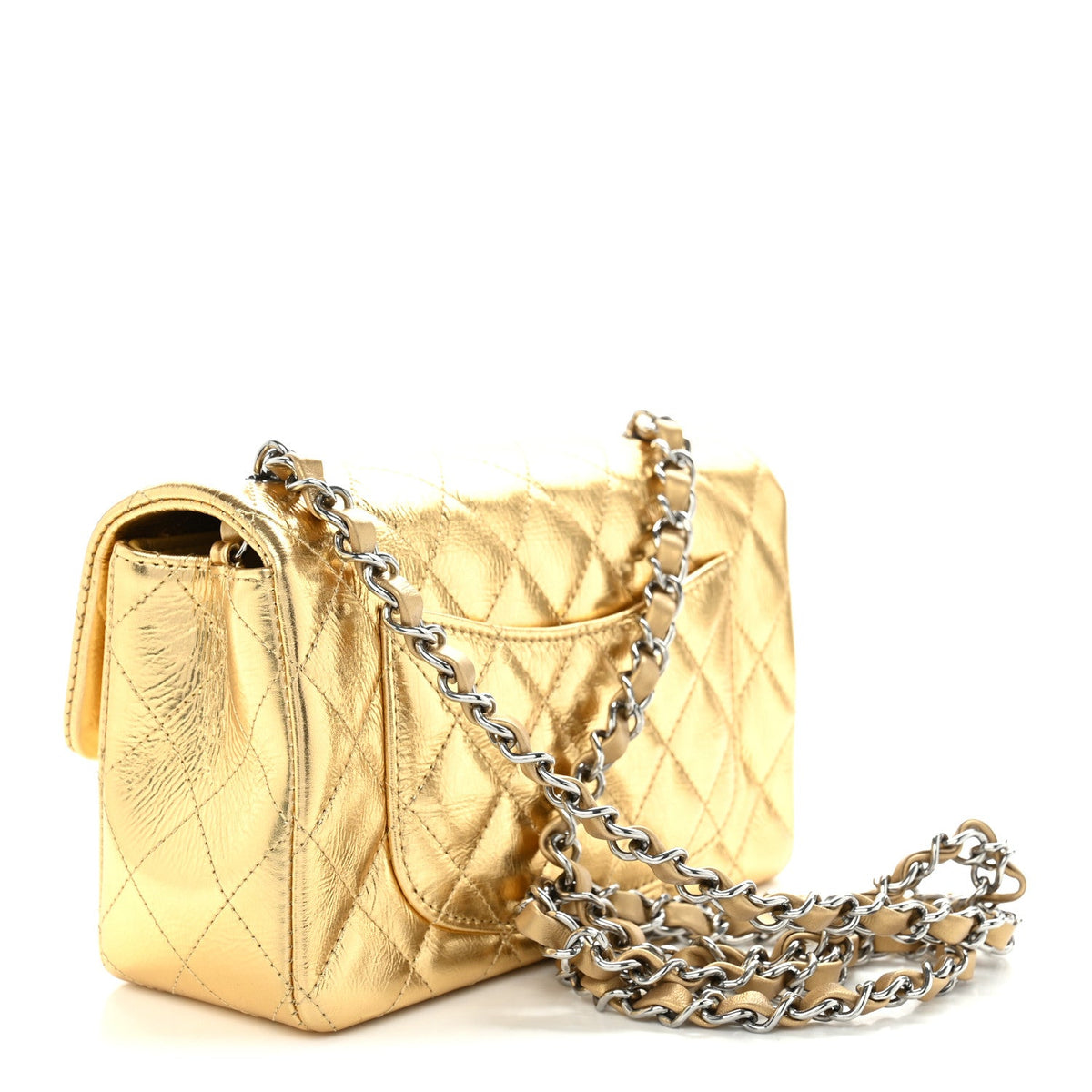 Metallic Crumpled Calfskin Quilted Mini Rectangular Flap Gold