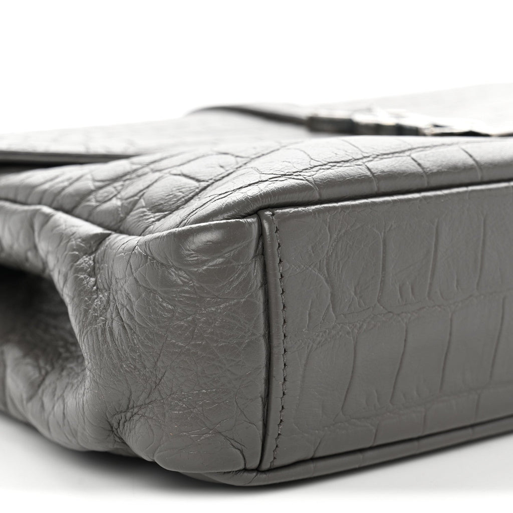Calfskin Crocodile Embossed Medium College Monogram Satchel Gray
