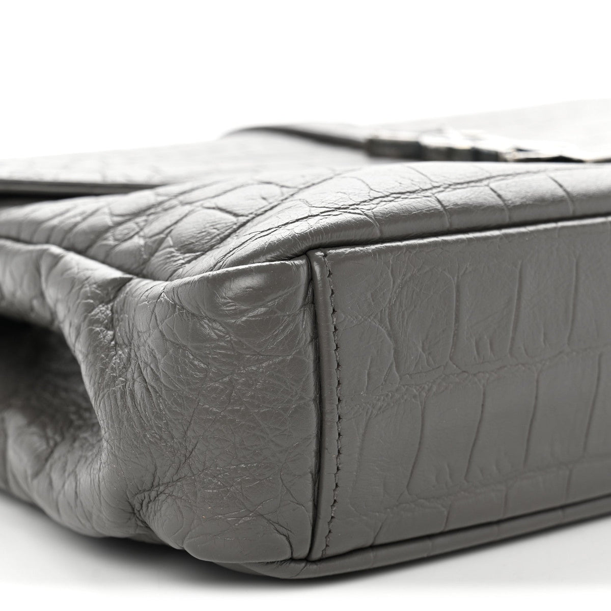 Calfskin Crocodile Embossed Medium College Monogram Satchel Gray