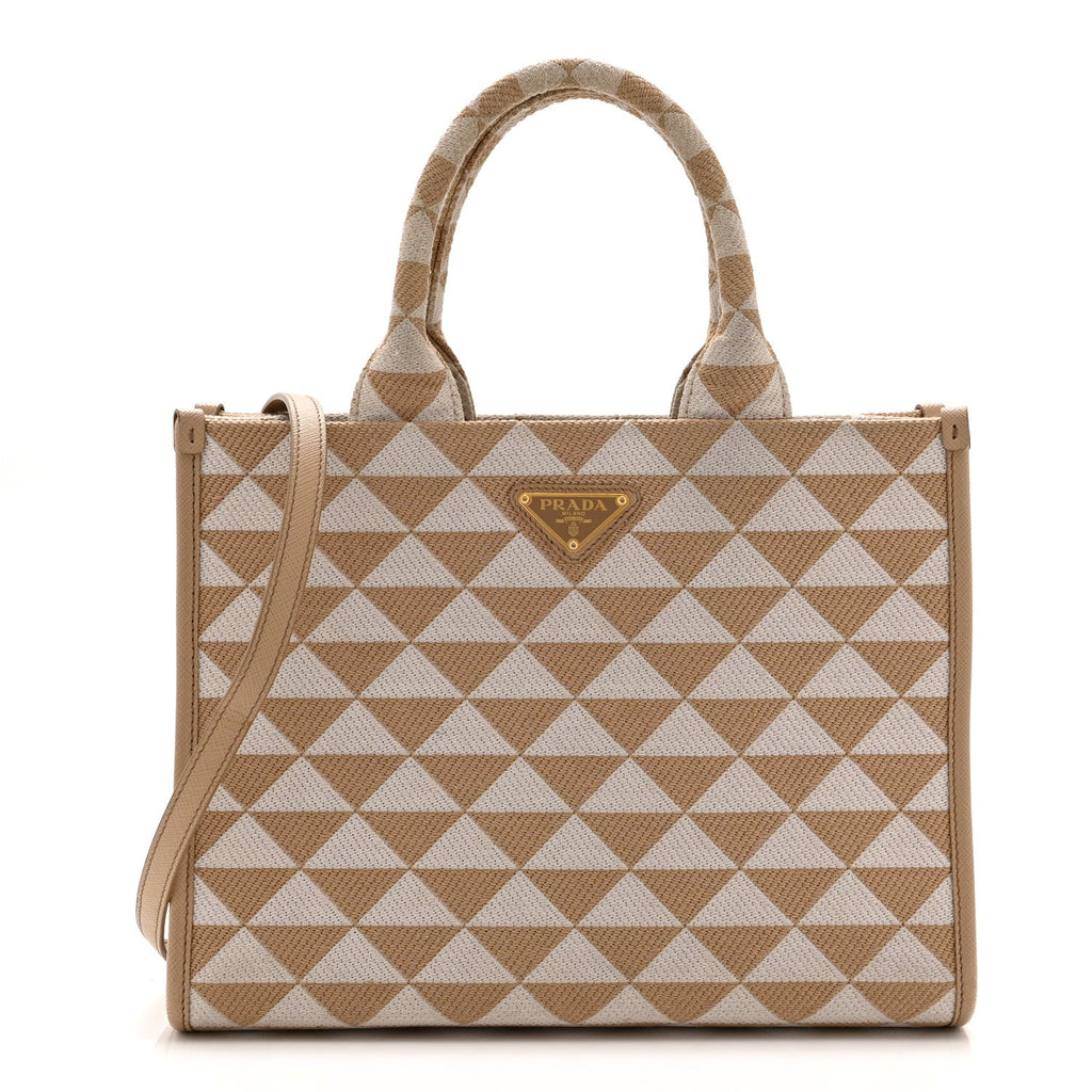 Jacquard Saffiano Triangolo Symbole Embroidered Small Tote Corda Talco