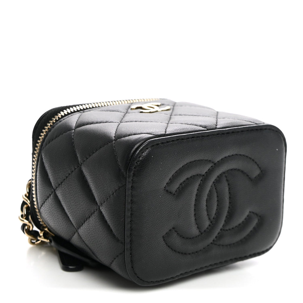Lambskin Quilted Top Handle Mini Vanity Case With Chain Black