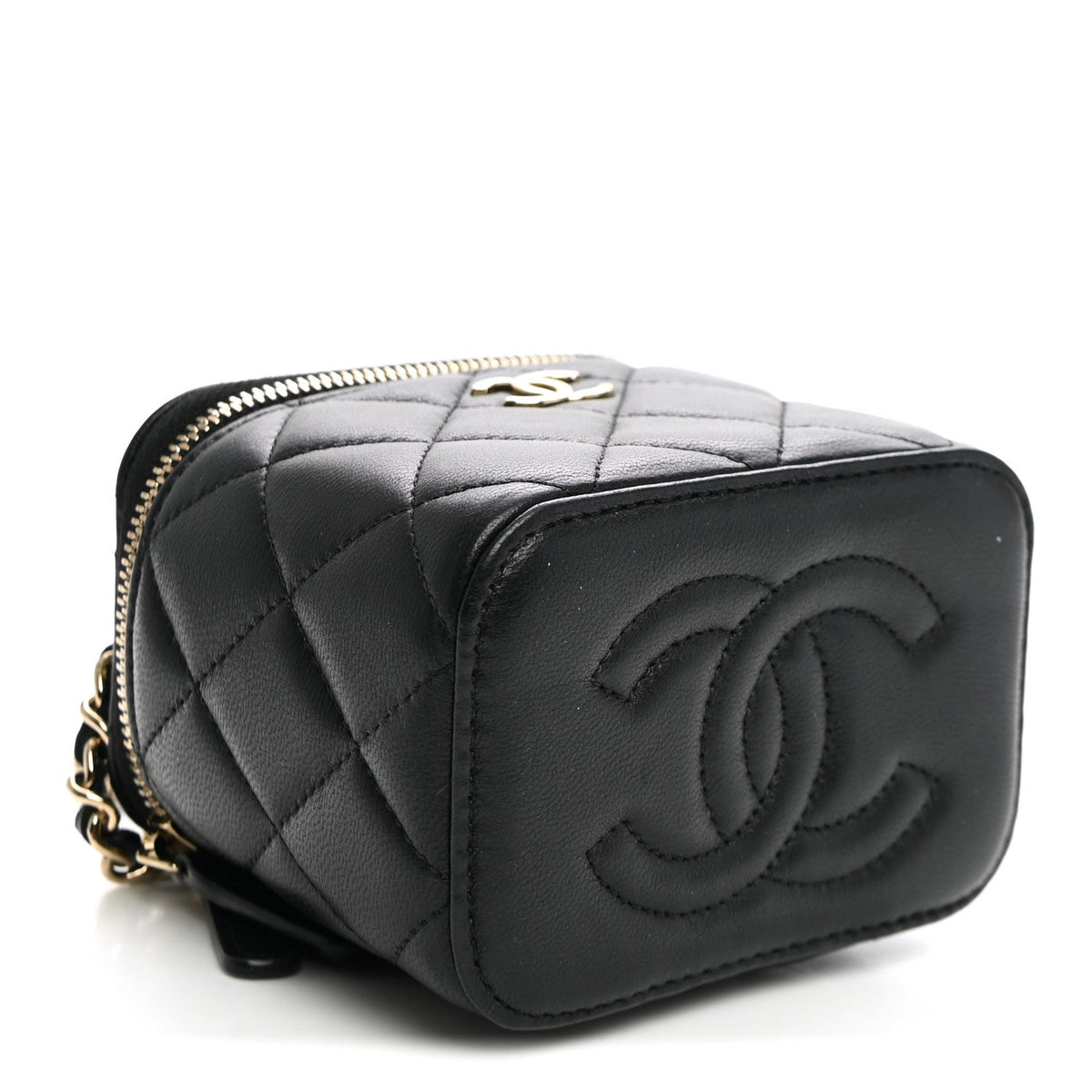 Lambskin Quilted Top Handle Mini Vanity Case With Chain Black