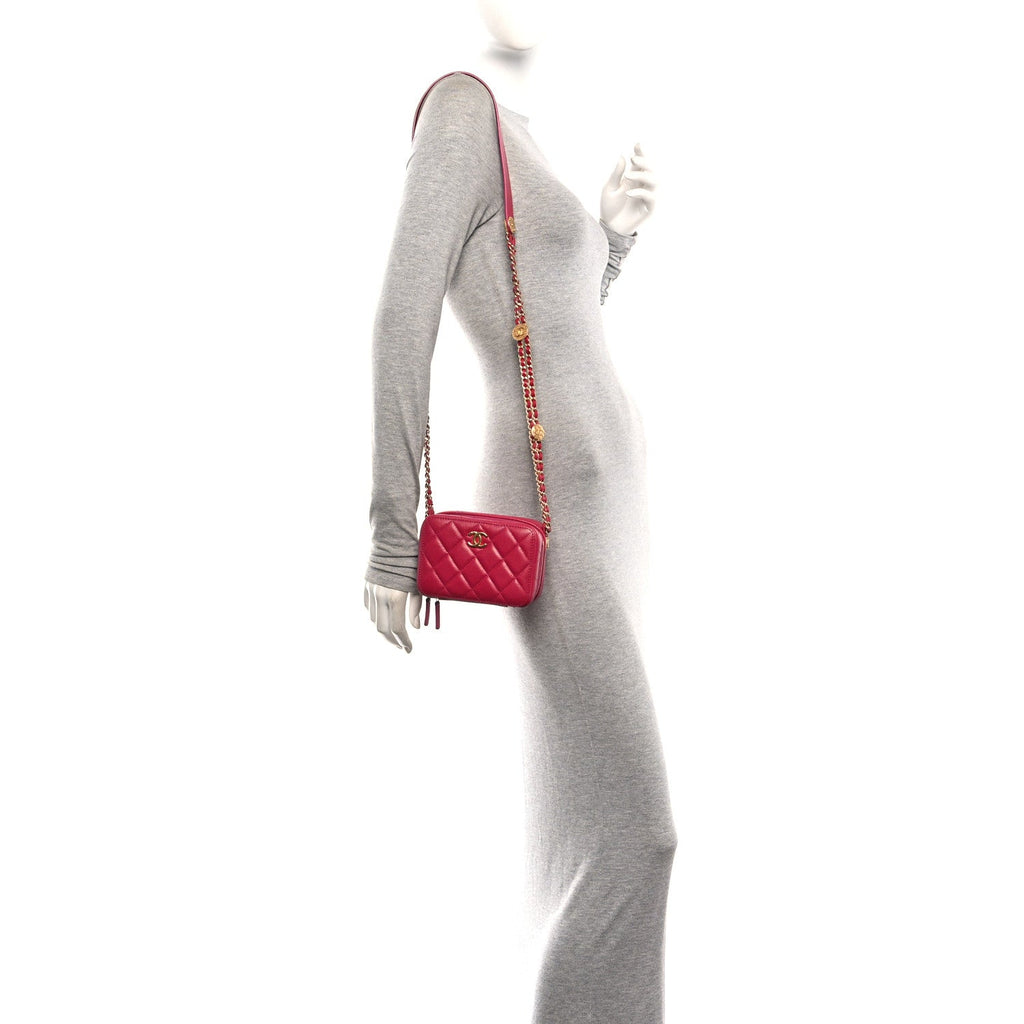 Caviar Quilted Twist Your Buttons Clutch With Chain Fuchsia