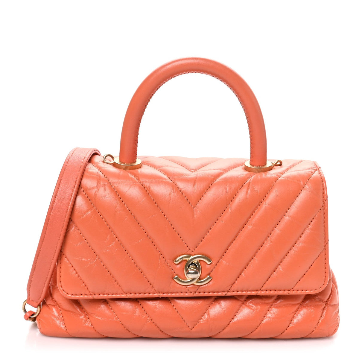 Aged Calfskin Chevron Quilted Mini Coco Handle Flap Orange