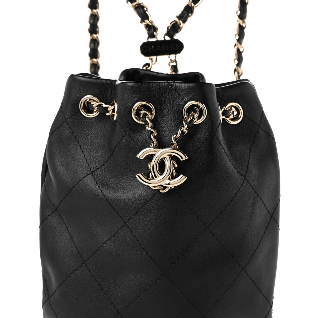 Calfskin Quilted Drawstring Backpack Black