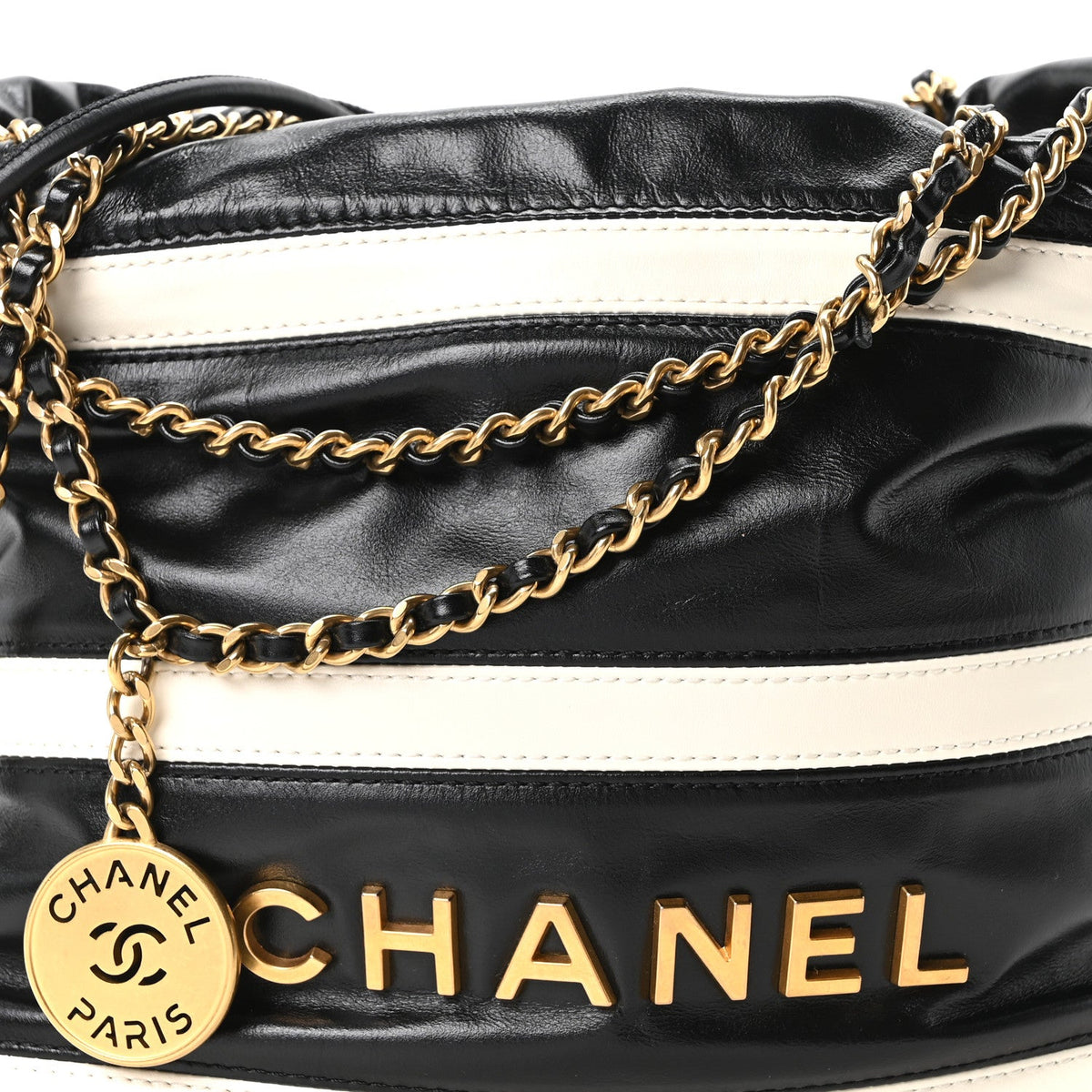 Shiny Calfskin Striped Mini Chanel 22 Black White
