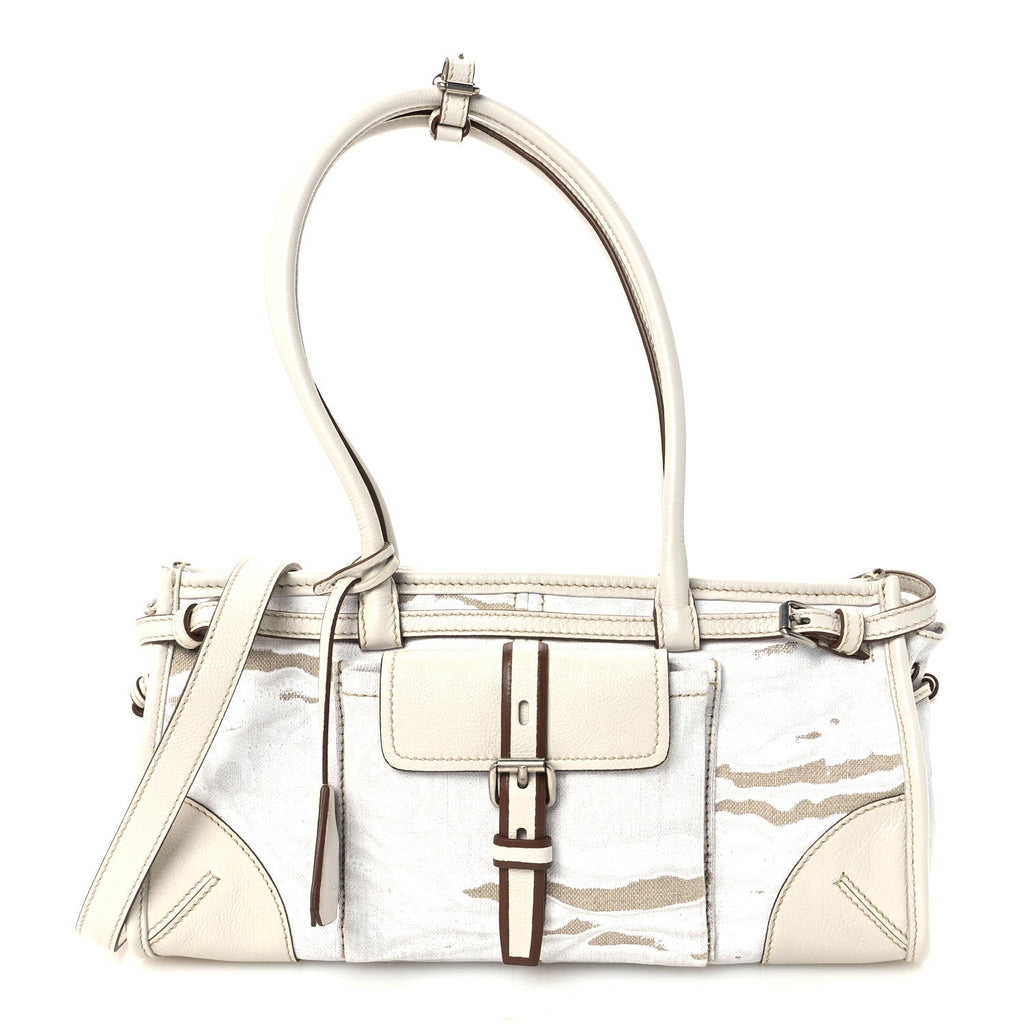 Linen Calfskin Printed Medium Bonnie Shoulder Bag White