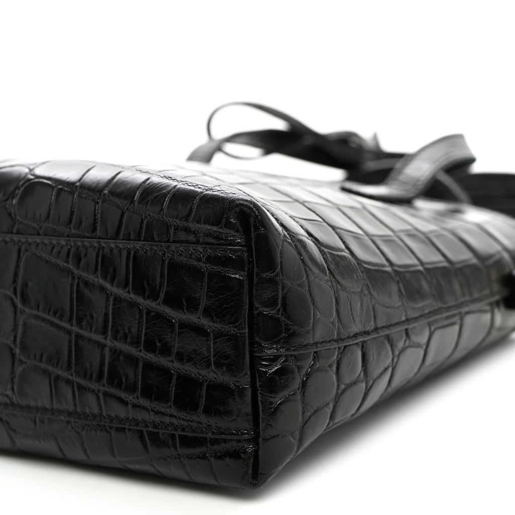 Calfskin Crocodile Embossed Paris Mini Toy Shopper Tote Black