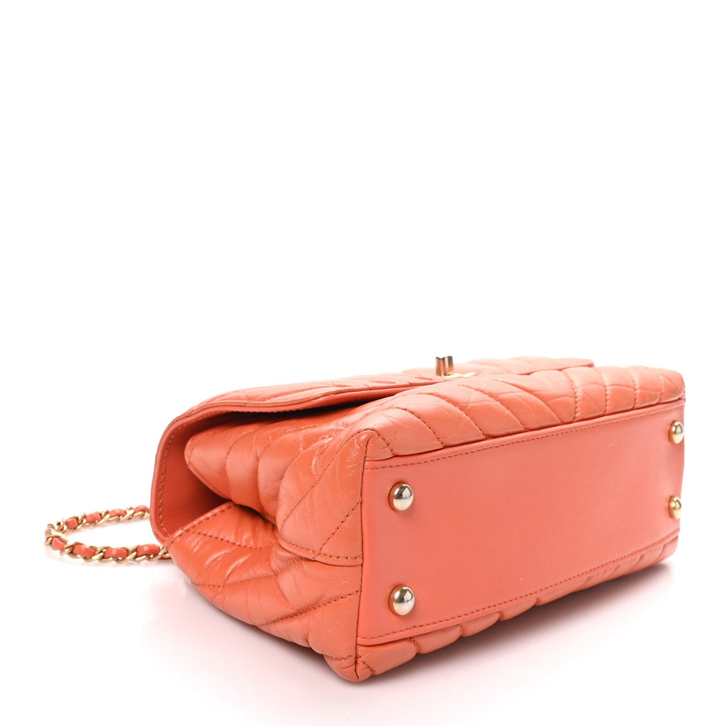 Aged Calfskin Chevron Quilted Mini Coco Handle Flap Orange