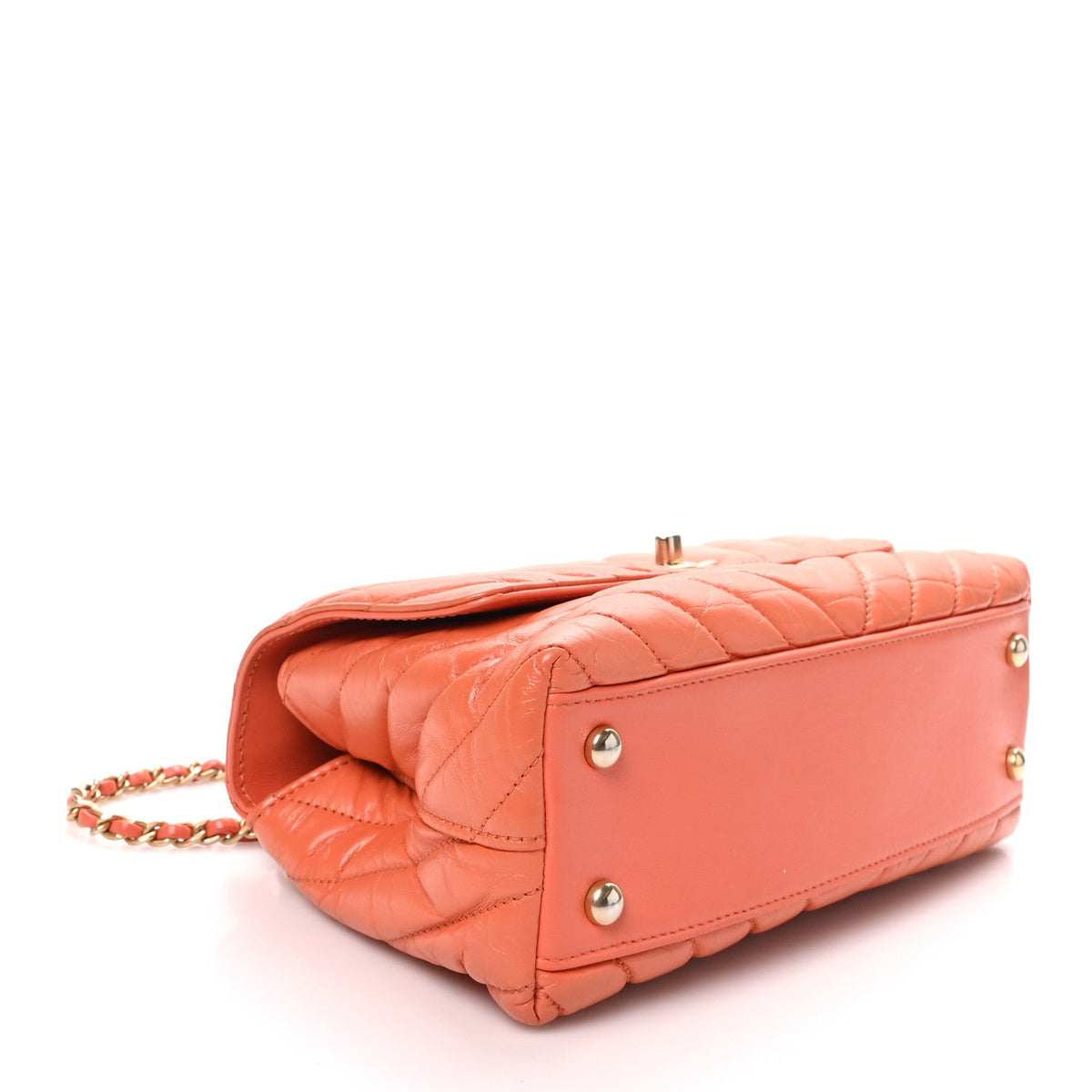 Aged Calfskin Chevron Quilted Mini Coco Handle Flap Orange