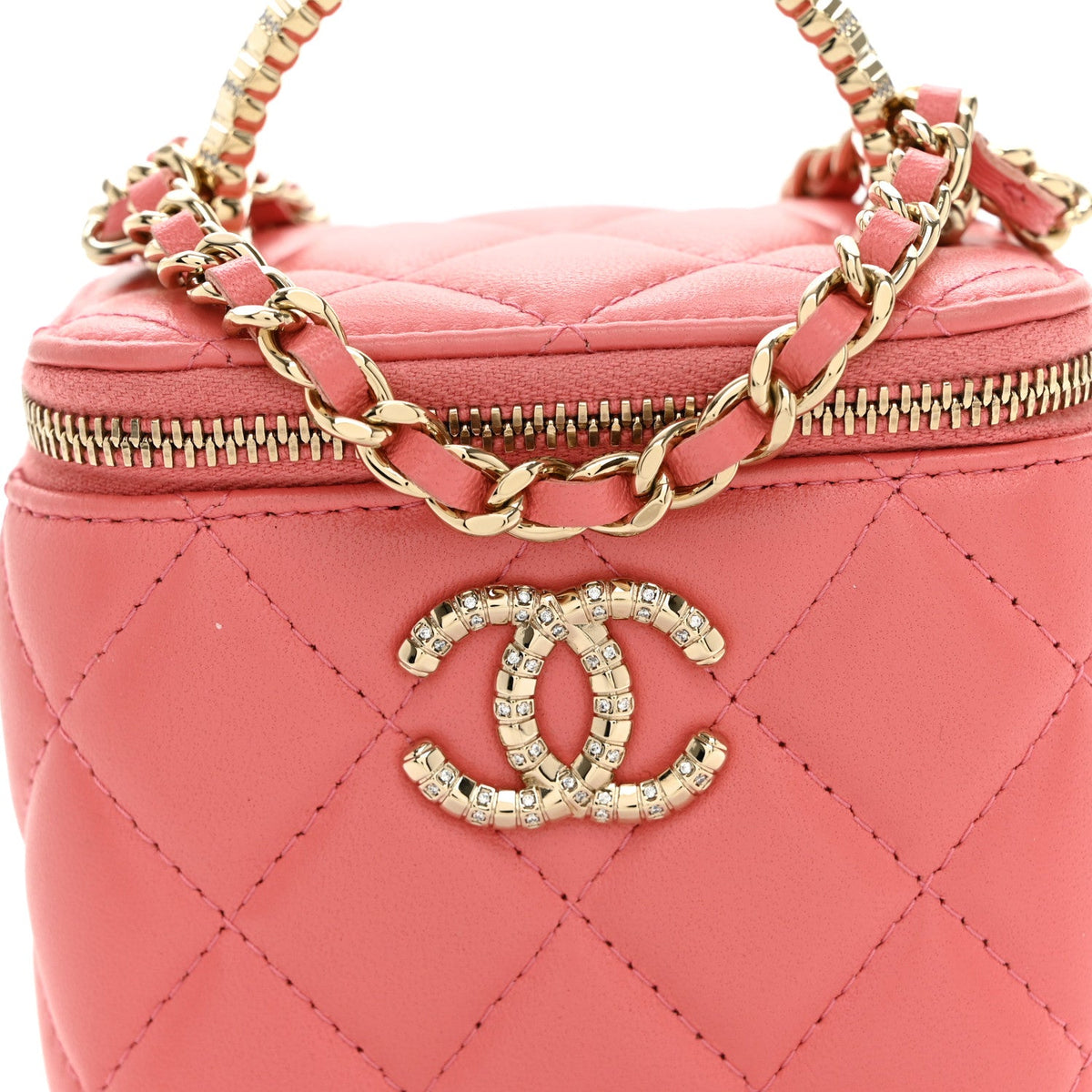 Lambskin Quilted Crystal Top Handle Mini Vanity Case With Chain Coral
