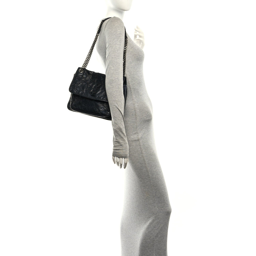 Crinkled Calfskin Matelasse Monogram Medium Niki Chain Satchel Storm
