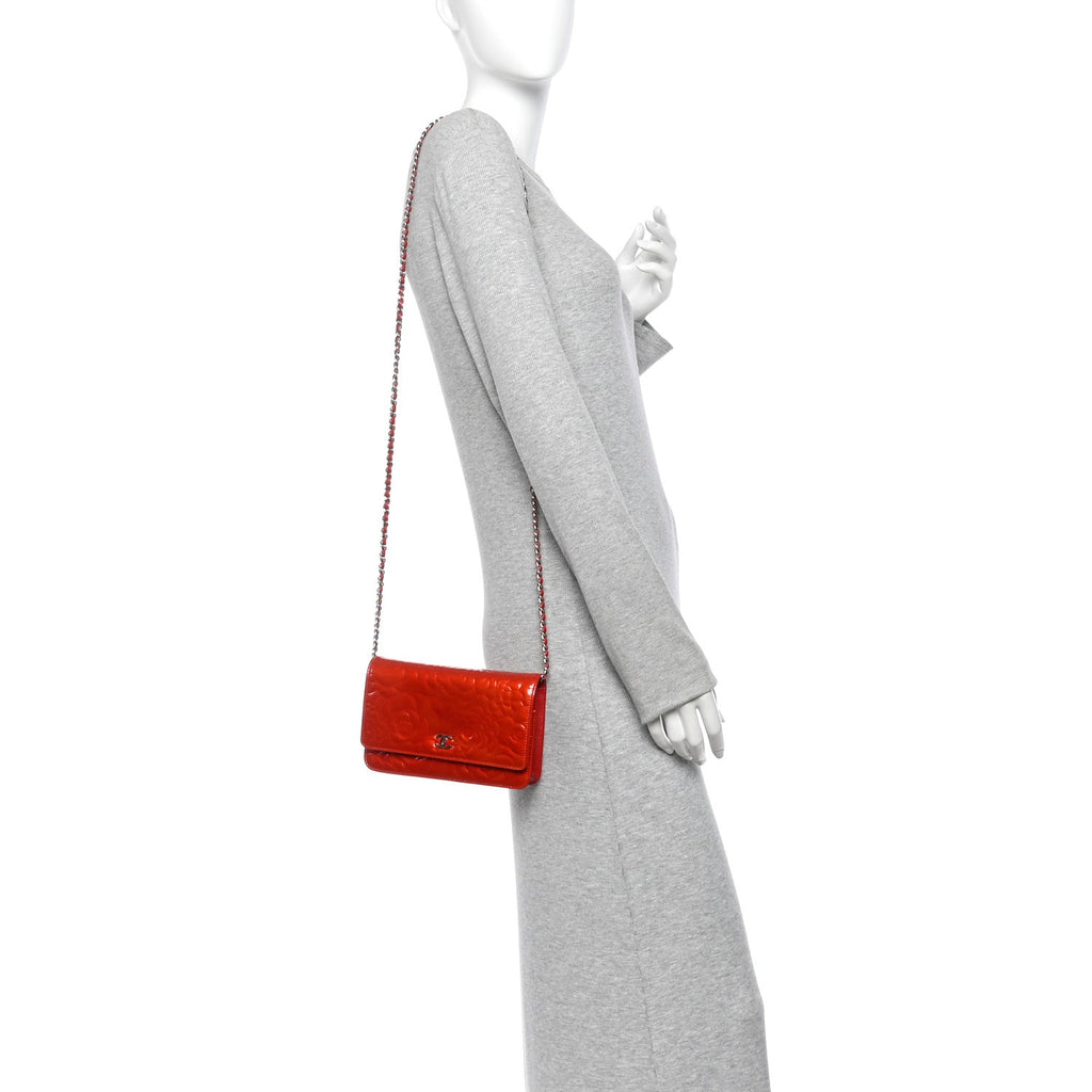 Patent Camellia Embossed Wallet On Chain WOC Dark Red