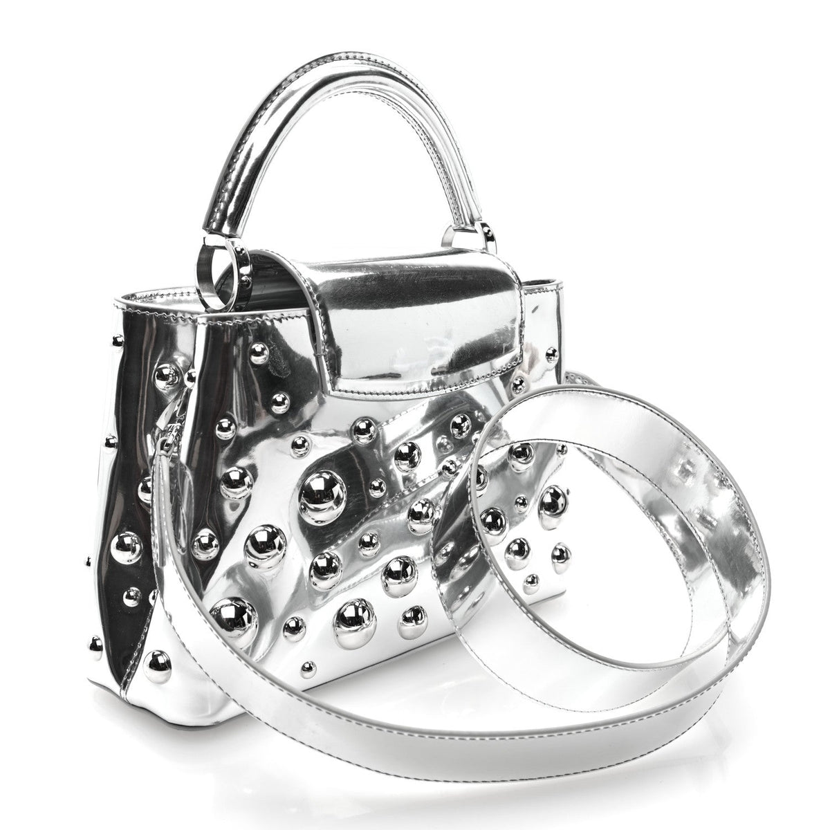LV X YK Metallic Taurillon Brass Metal Dots Capucines BB Silver