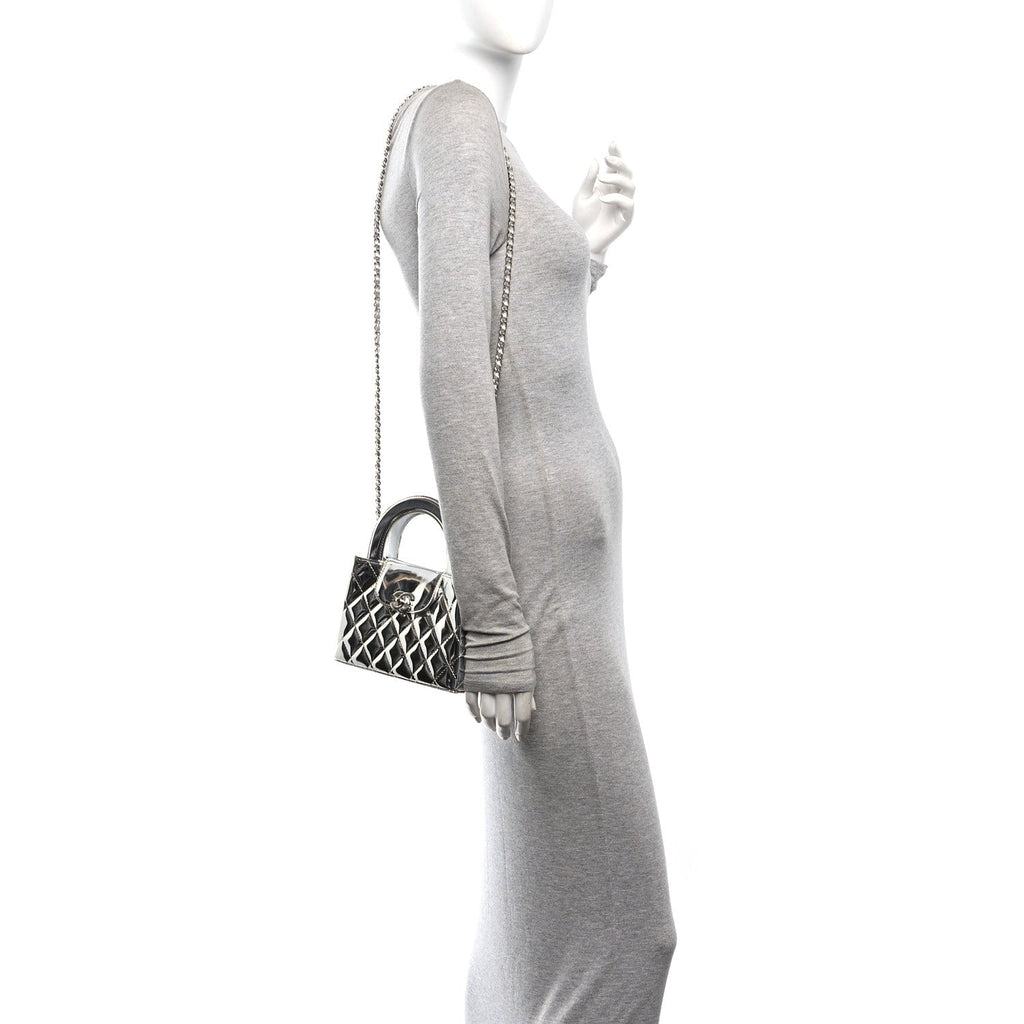 Mirror Calfskin Metallic Calfskin Quilted Nano Kelly Shopper Silvery