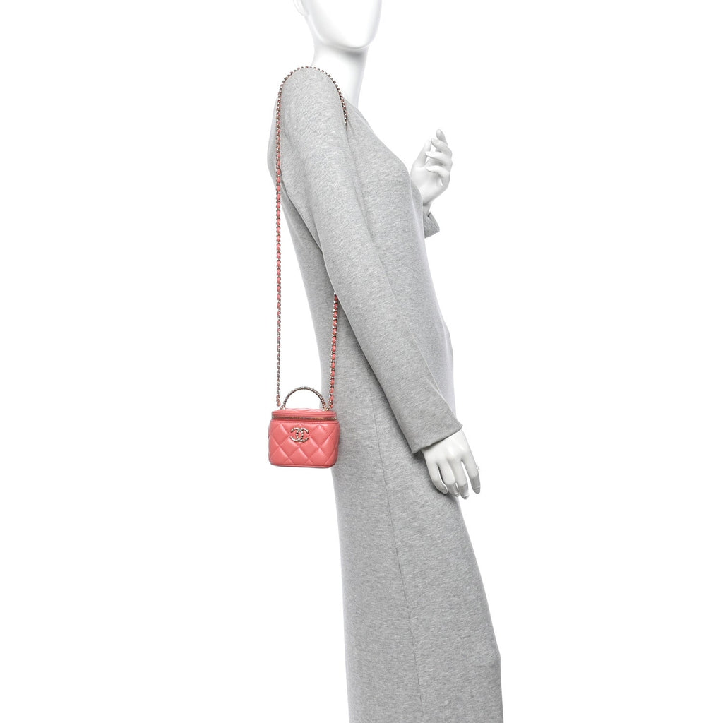 Lambskin Quilted Crystal Top Handle Mini Vanity Case With Chain Coral
