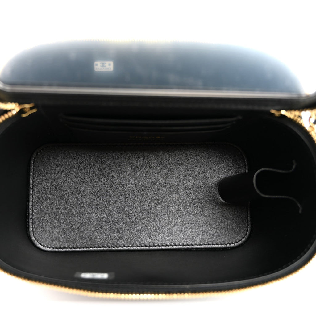 Calfskin Crocodile Embossed Crococo Small Top Handle Vanity Case With Chain Black