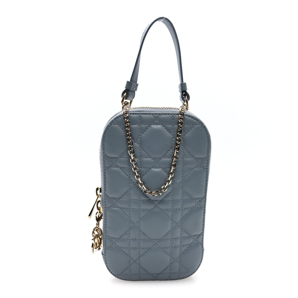 Lambskin Cannage Lady Dior Phone Holder Cloud Blue