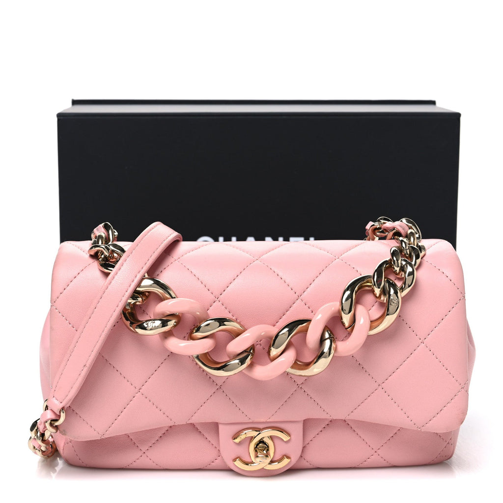 Lambskin Quilted Resin Bi-Color Chain Flap Bag Pink