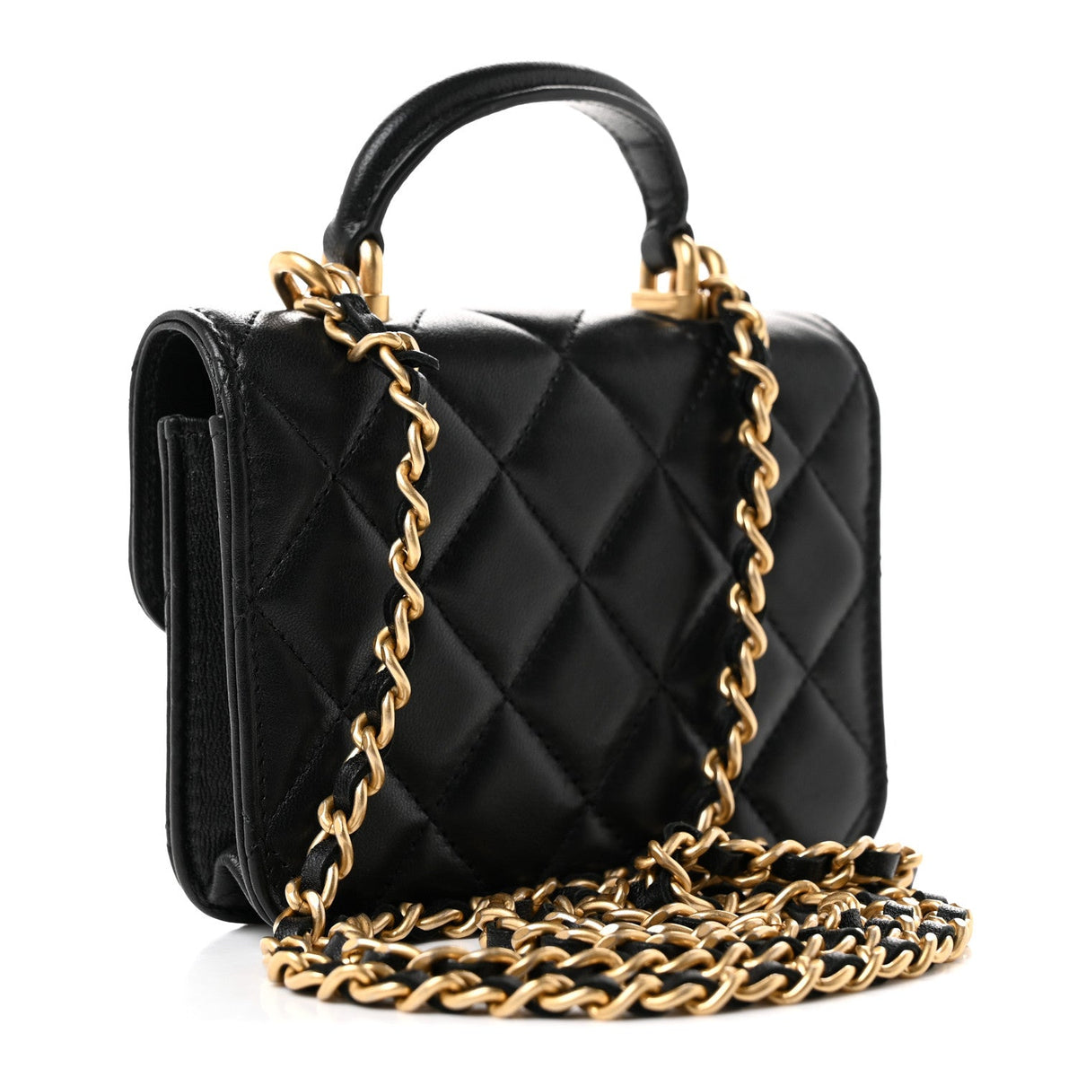 Lambskin Quilted Top Handle Flap Coin Purse With Chain Black