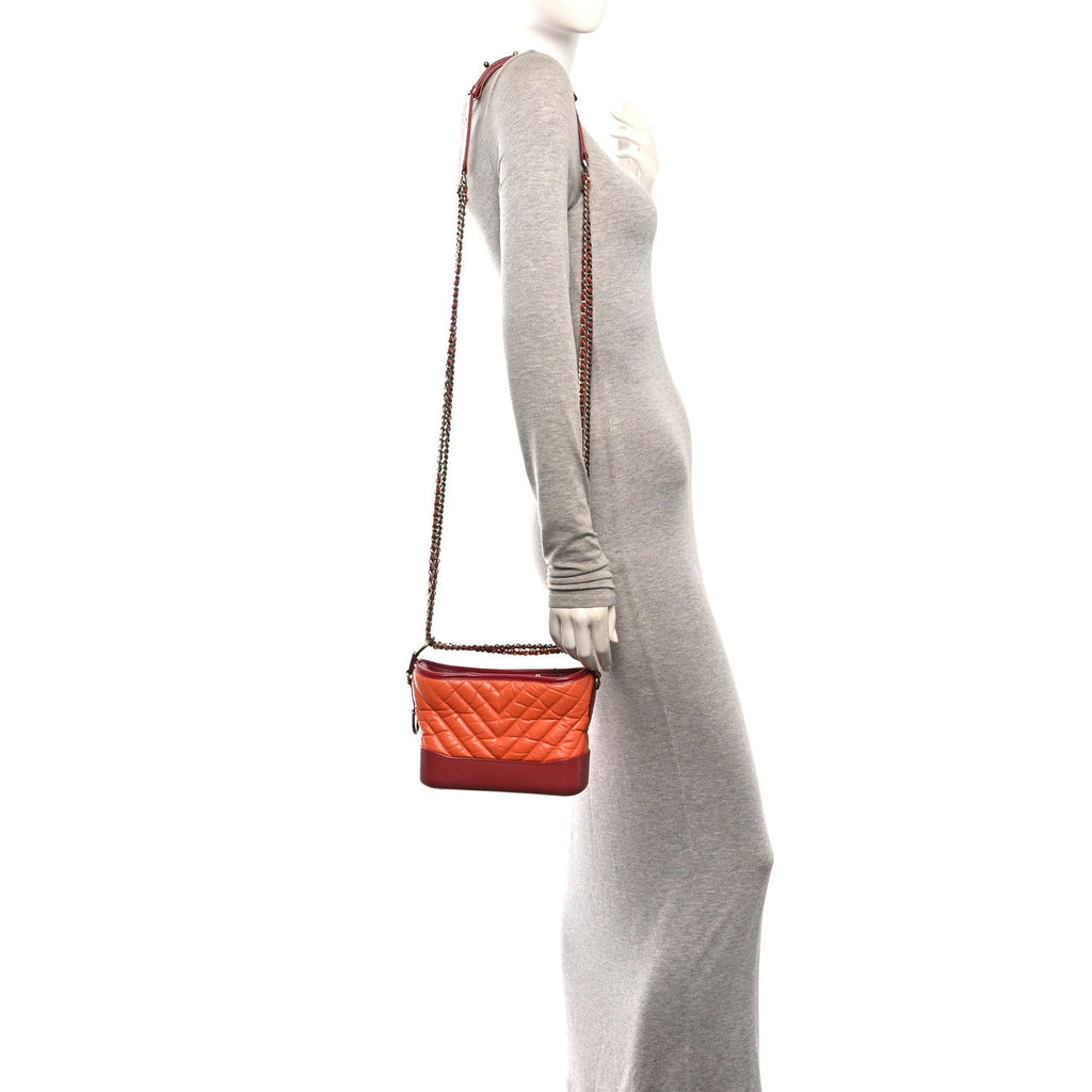 Aged Calfskin Chevron Quilted Small Gabrielle Hobo Dark Red Orange