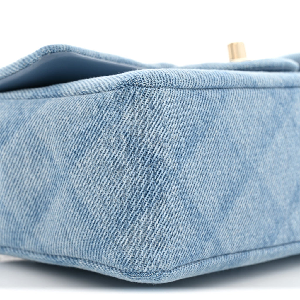Printed Denim Quilted Mini Rectangular Flap Light Blue