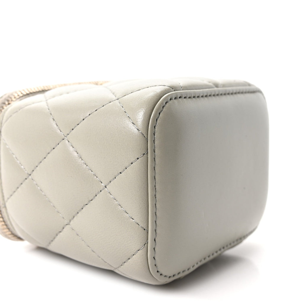 Lambskin Quilted Pearl Crush Mini Vanity Case With Chain Grey