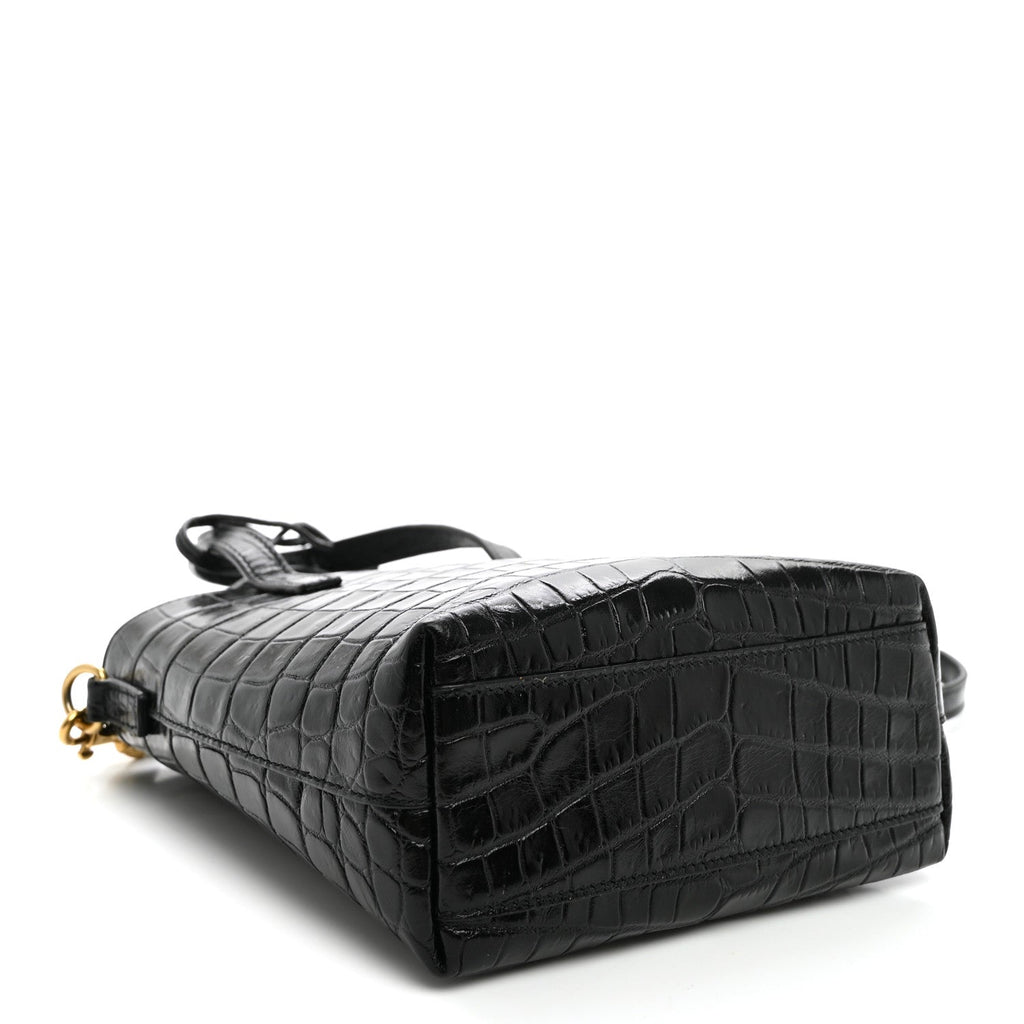 Calfskin Crocodile Embossed Paris Mini Toy Shopper Tote Black
