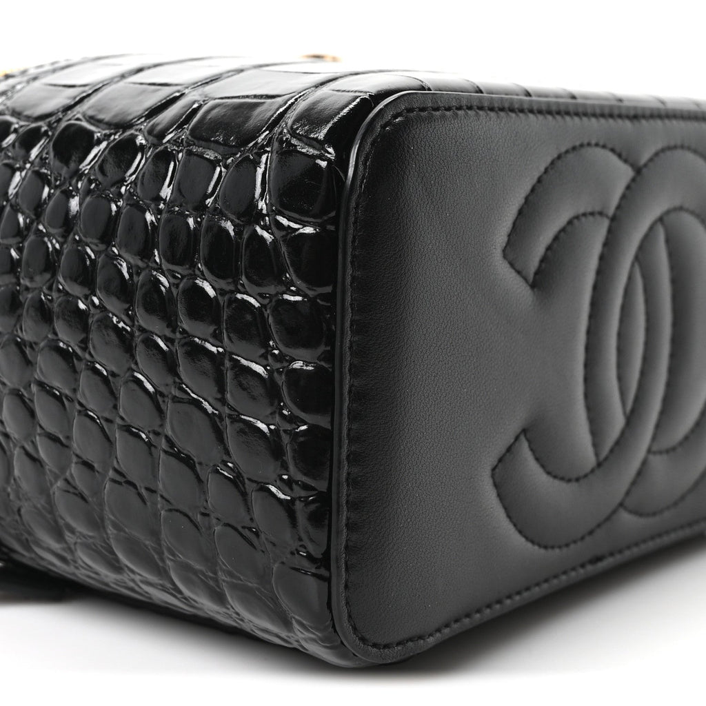 Calfskin Crocodile Embossed Crococo Small Top Handle Vanity Case With Chain Black