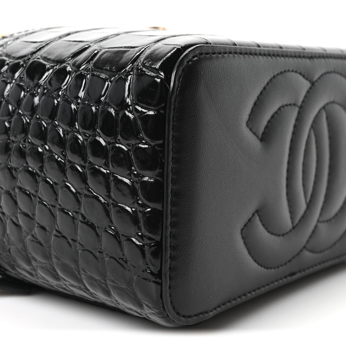 Calfskin Crocodile Embossed Crococo Small Top Handle Vanity Case With Chain Black
