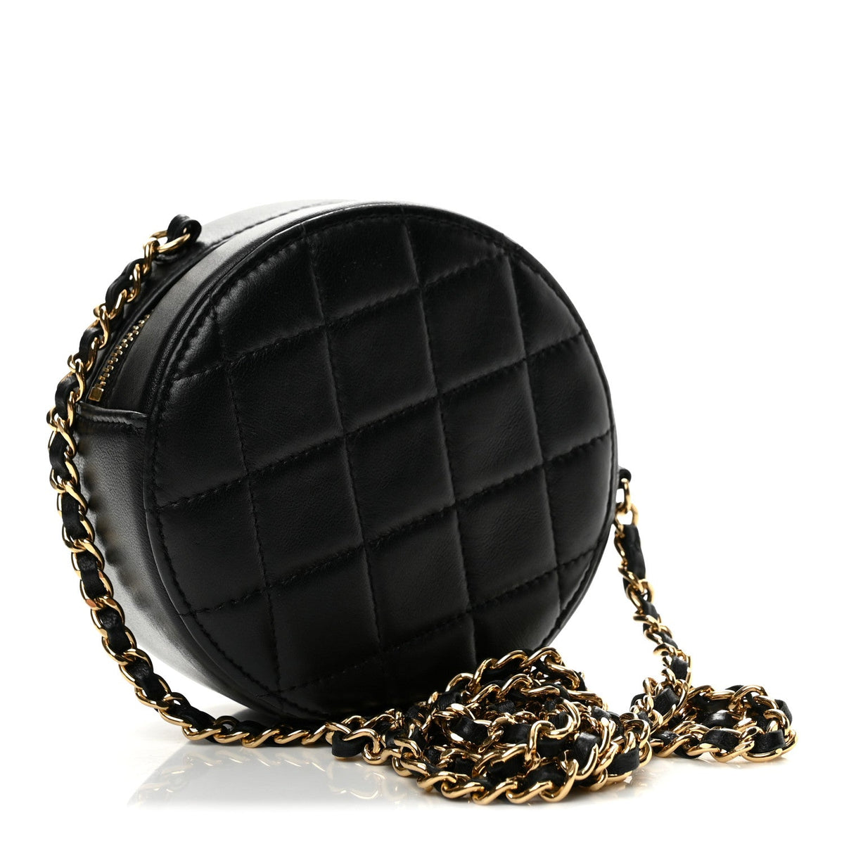Lambskin Quilted Zirconium Round Clutch With Chain Black