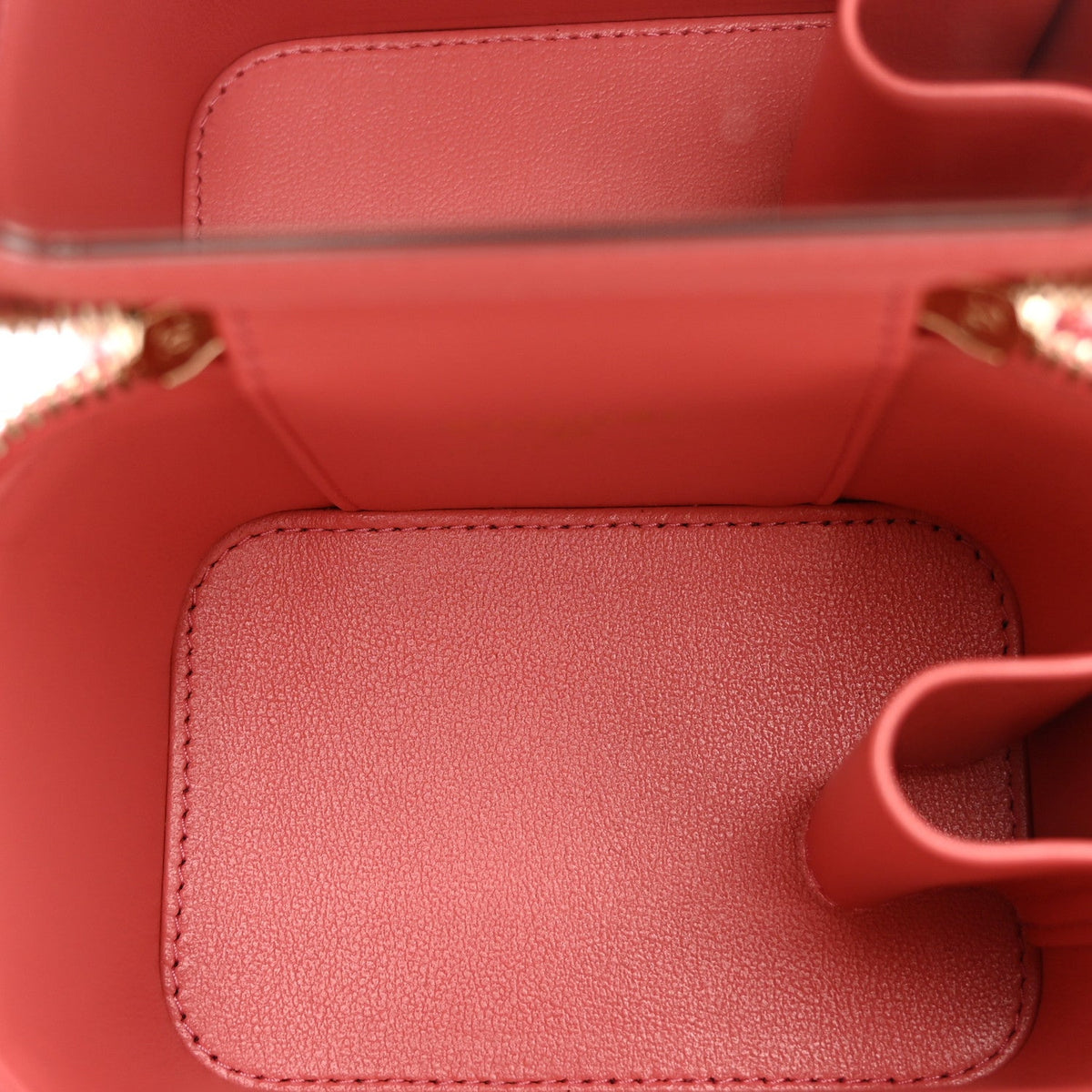 Lambskin Quilted Crystal Top Handle Mini Vanity Case With Chain Coral