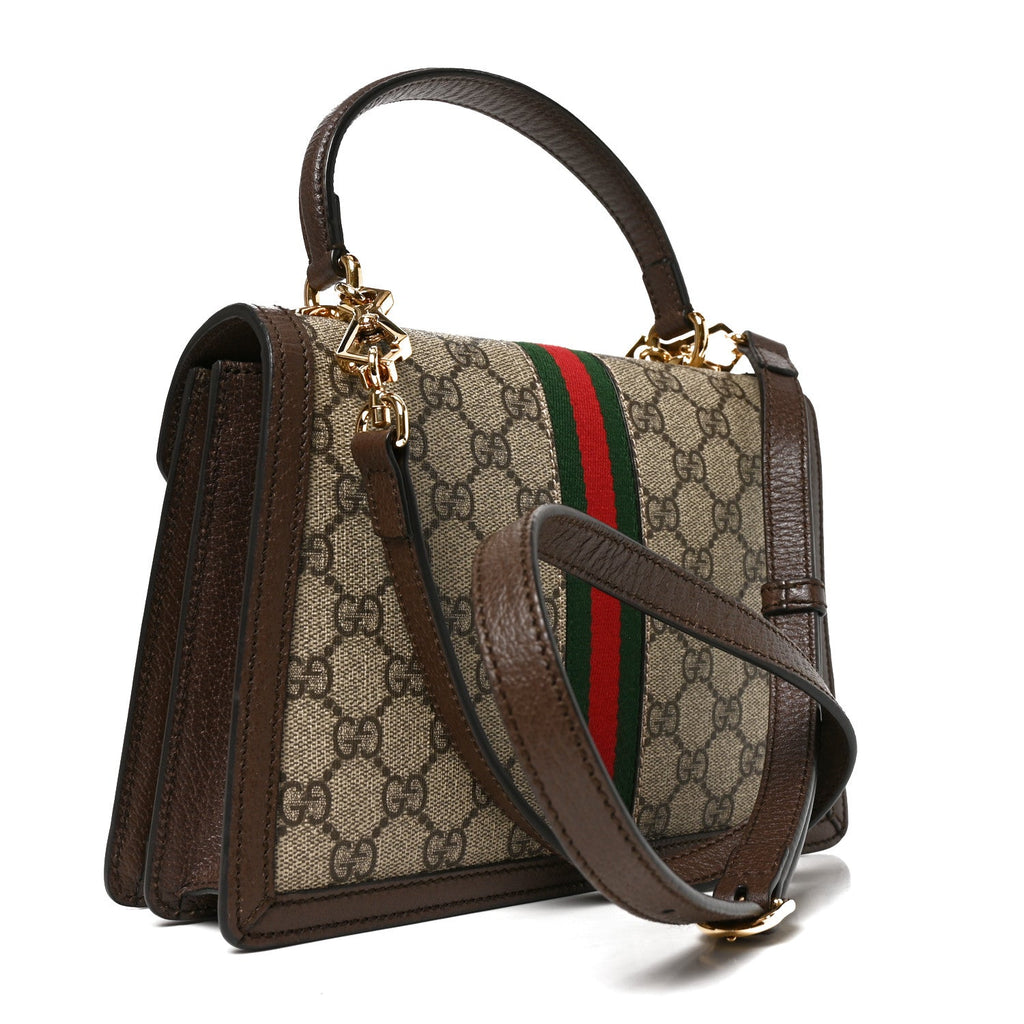 GG Supreme Monogram Textured Dollar Calfskin Web Small Ophidia Padlock Top Handle Bag Beige Ebony New Acero