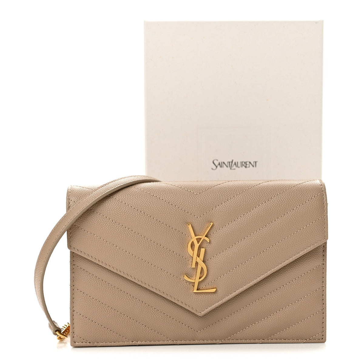 Grain De Poudre Matelasse Chevron Monogram Envelope Chain Wallet Dark Beige