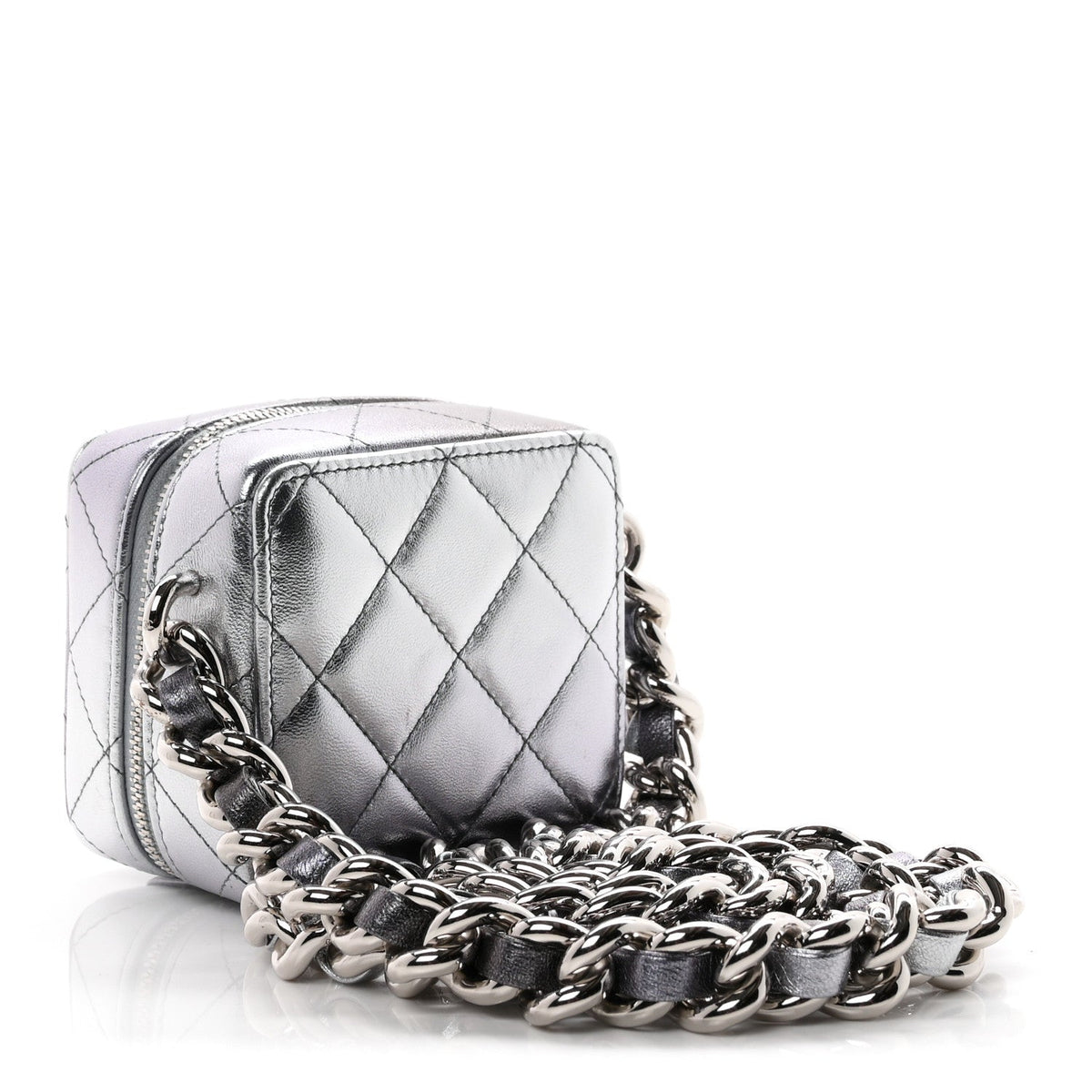 Gradient Metallic Lambskin Quilted Coco Punk Cube Clutch With Chain Silver Black