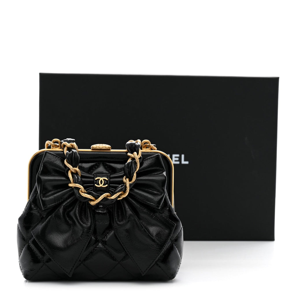 Patent Crumpled Lambskin Quilted Maxi Bow Clutch With Chain Black