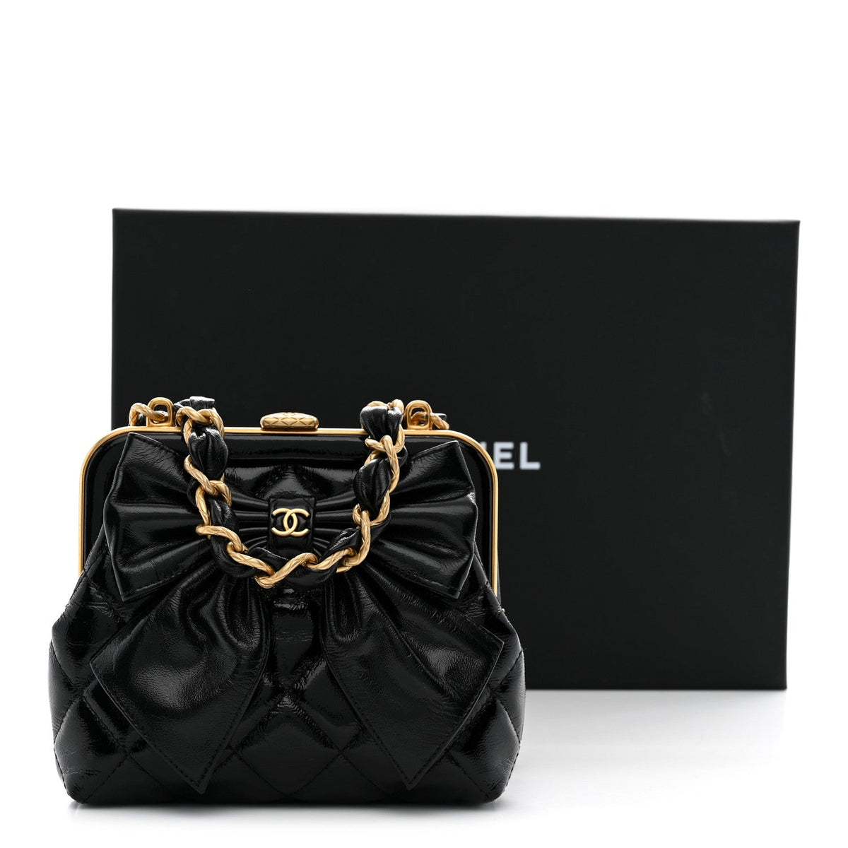 Patent Crumpled Lambskin Quilted Maxi Bow Clutch With Chain Black