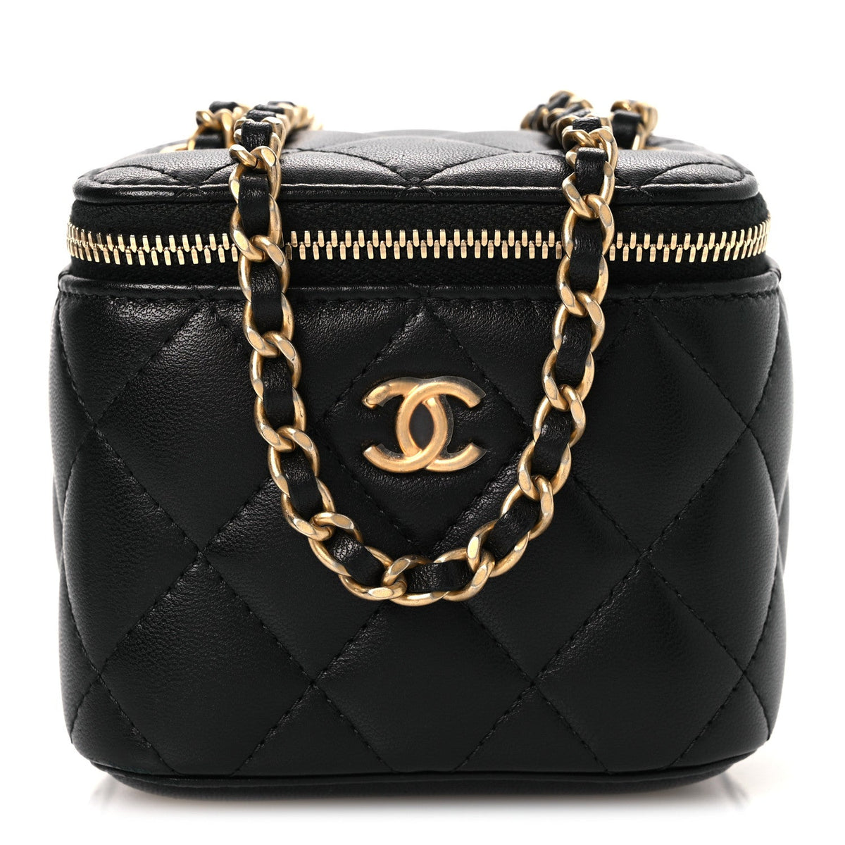 Lambskin Quilted Mini Pearl Crush Vanity Case With Chain Black