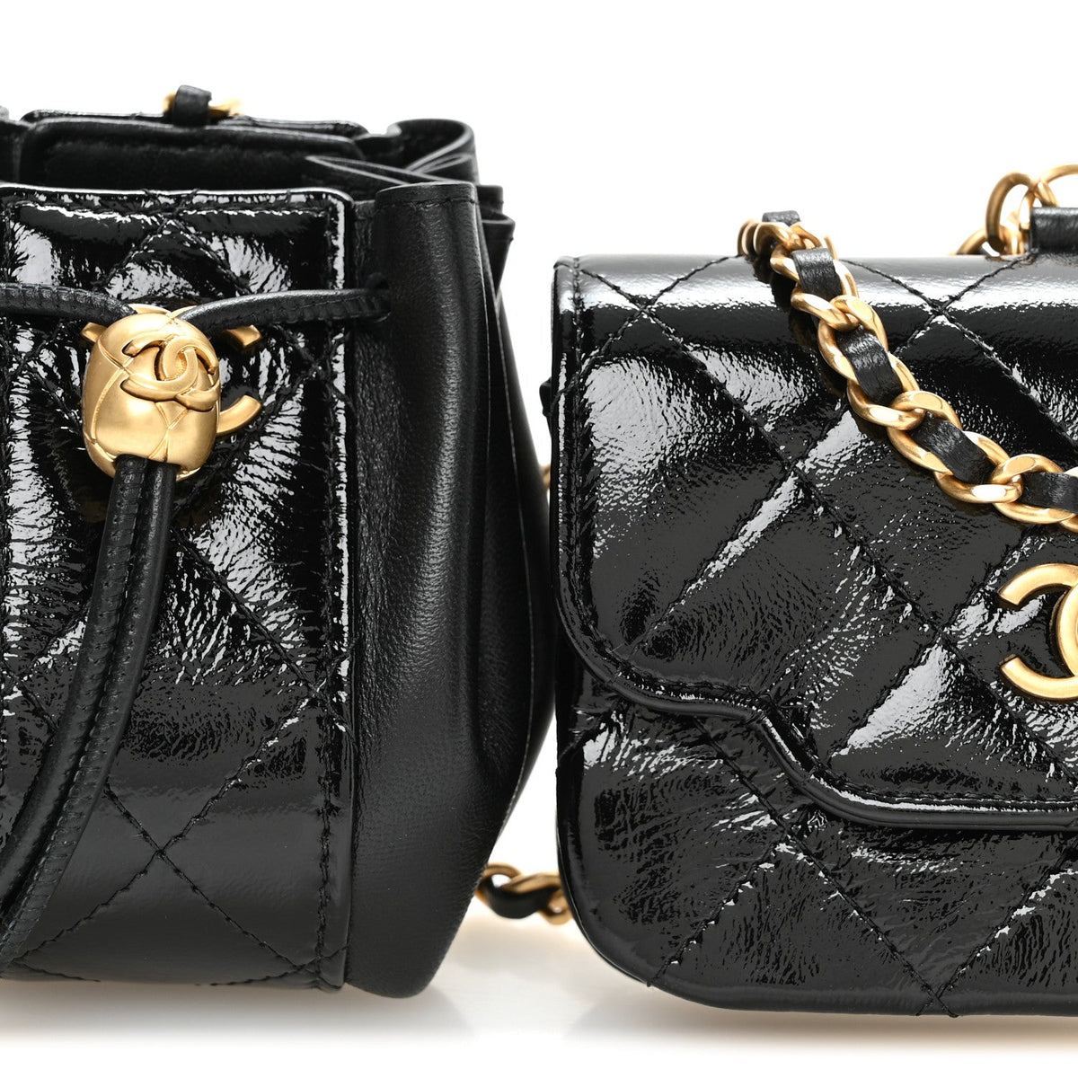 Crumpled Patent Lambskin Quilted Tassel Clutch With Chain Black